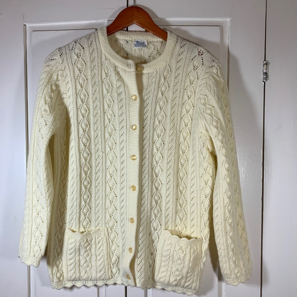 Vintage Wintuk Cream Orlon Acrylic Pointelle Cable Knit Button Front Cardigan